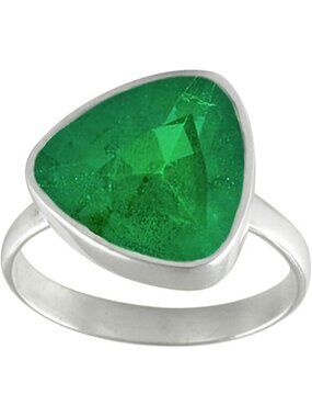 Natural-faceted Emerald Gemstone Ring Trillion Shape Silver Faceted Ring